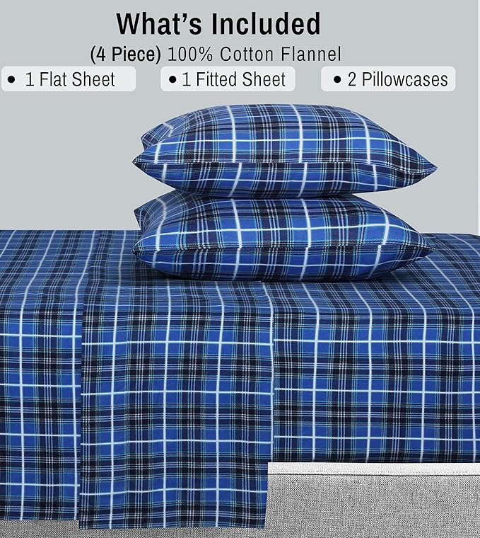 RUVANTI Flannel Sheets Split King Size - 100% Cotton Brushed Split King Bed Sheets Set, Deep Pockets 16 Inches, All Seasons Breathable & Extra Soft, Warm & Cozy, 5 Piece, Blue Plaid