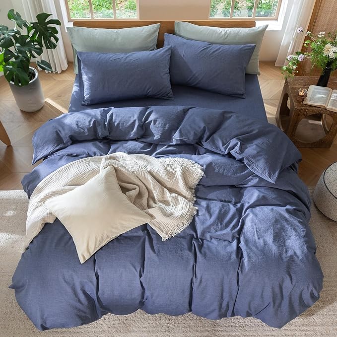 MooMee Bedding Duvet Cover Set 100% Washed Cotton Linen Like Textured Breathable Durable Soft Comfy (Heathered Blue, Oversized Queen 98"x98")