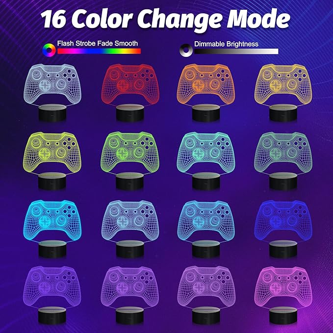 Attivolife Gamepad 3D Illusion Lamp, Controller Night Light with Remote Control + Timer 16 Color Changing Desk Lamp Kids Gamer Room Decor Plug in Best Cool Festival Birthday Gift for Boy Men