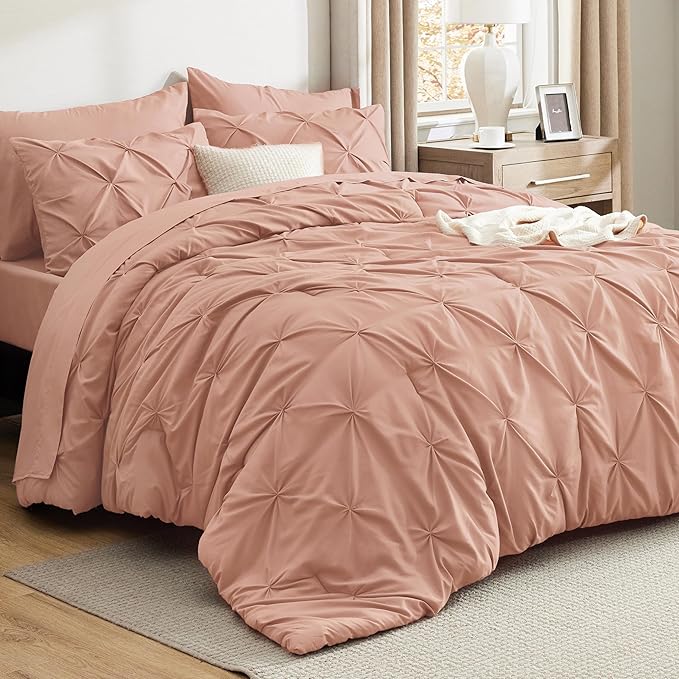 Bedsure Twin Comforter Set Dusty Pink - Bed in a Bag Twin Size Bedding 5 Pieces, GentleSoft™ Pintuck Bed Set Gift for Family, Pinch Pleat Dusty Pink Comforter with Sheets, Pillowcase & Sham
