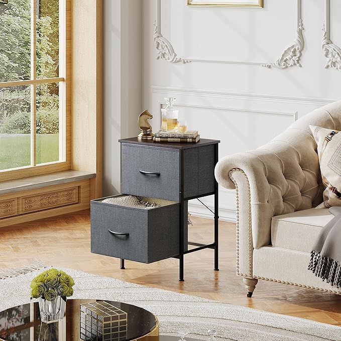 WLIVE Nightstand, Nightstand with 2 Drawers, Bedside Furniture, Night Stand, Small Dresser for Bedroom, College Dorm, End Table with Fabric Bins, Dormitory, Dark Grey, Size L