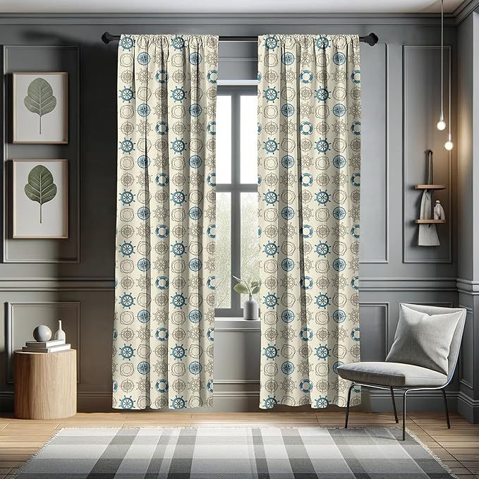 Ambesonne Compass Window Curtains, Marine Themed Doodle Art Vintage Inspirations Traveling Exploration Cruise Pattern, Lightweight Decor 2-Panel Set with Rod Pocket, Pair of - 28" x 63", Beige Teal