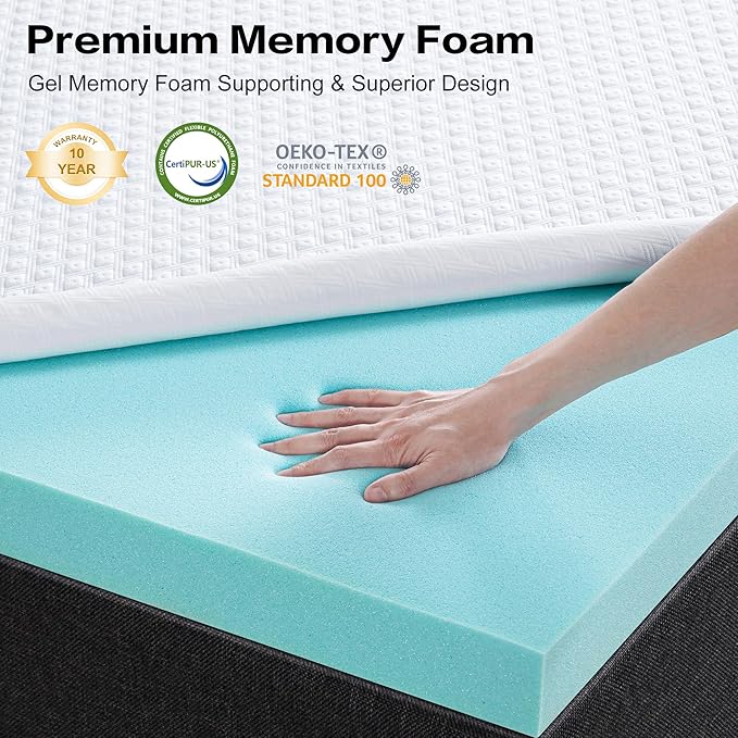 RISAR Memory Foam Mattress Topper California King Size Mattress pad 3’’ Inch High Density Mattress Cooling Gel Thick Topper for Back Pain Relief Best Soft Bed with Cover(72 x 84 inch)