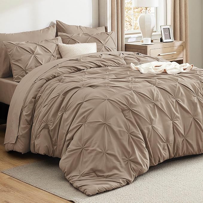 Bedsure King Size Comforter Set Khaki - Bed in a Bag Bedding Set 7 Pieces, GentleSoft™ Pintuck Bed Set Gift for Family, Pinch Pleat Khaki Comforter with Sheets, Pillowcases & Shams
