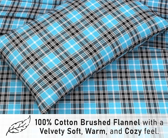 RUVANTI Flannel Sheets Queen Size - 100% Cotton Double Brushed Bed Sheets, Deep Pockets 16 Inches Queen Sheet Set, All Seasons Breathable & Extra Soft - Warm & Cozy, 4 Piece, Teal Plaid