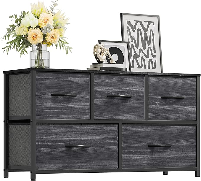 YITAHOME Dresser with 5 Drawers - Fabric Storage Tower, Organizer Unit for Bedroom, Living Room, Closets - Sturdy Steel Frame, Wooden Top (Cool Black Wood Grain)