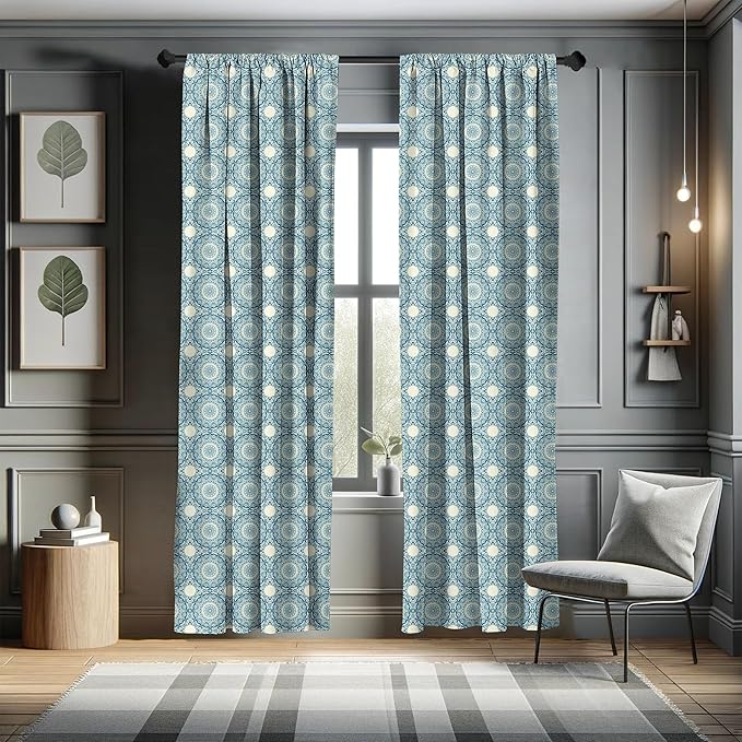 Ambesonne Circle Pattern Window Curtains, Wavy Bold Strokes Style Ornate Mandala Like Symmetrical Motif, Lightweight Decor 2-Panel Set with Rod Pocket, Pair of - 28" x 95", Petrol Blue Cream