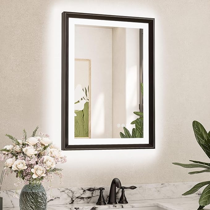 TETOTE 20x28 LED Mirror for Bathroom Black Metal Frame Frontlit & Backlit Lighted Vanity Mirror Baroque Anti Fog Stepless Dimmable White/Warm/Natural,CRI90+,Wall Mounted(Horizontal/Vertical)