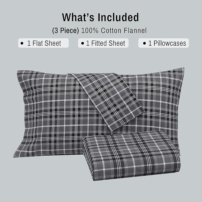 RUVANTI Flannel Sheets Twin XL Size - 100% Cotton Double Brushed Twin XL Sheet Sets, Deep Pockets 16 Inches, All Seasons Breathable & Extra Soft Bed Sheets, Warm & Cozy, 3 Piece, Grey Plaid