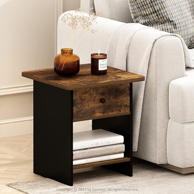 Furinno Dario End Table/ Night Stand Storage Shelf with Bin Drawer, Amber Pine/Black, 1-Pack, Upper Bin