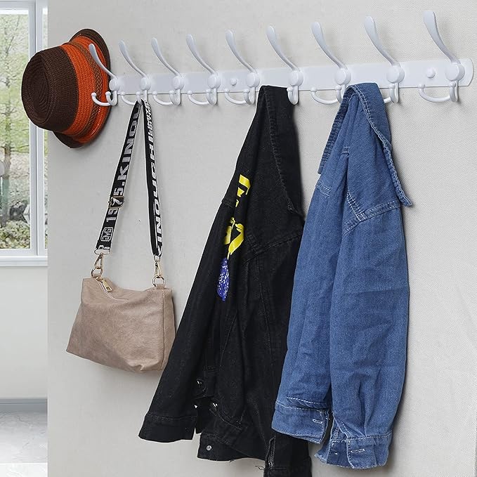Dseap Coat Rack Wall Mount - 38” Long 10-Tri-Hooks Heavy Duty Coat Hanger Rail Wall Hooks for Hanging Coats Hats Clothing Clothes Purse Mudroom Entryway, White, Pack of 2