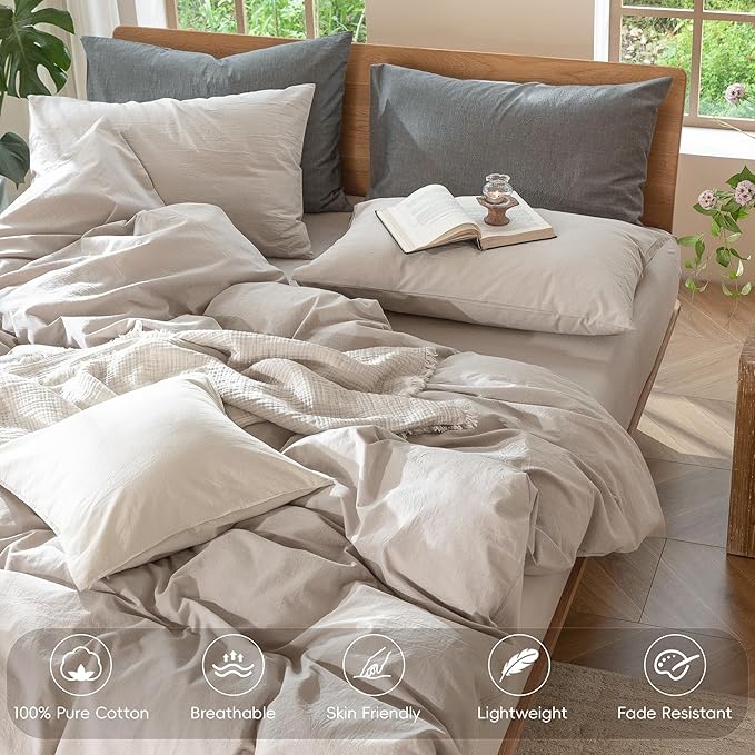 MooMee Bedding Duvet Cover Set 100% Washed Cotton Linen Like Textured Breathable Durable Soft Comfy (Solid Light Tan, Oversized King Plus 128"x120")