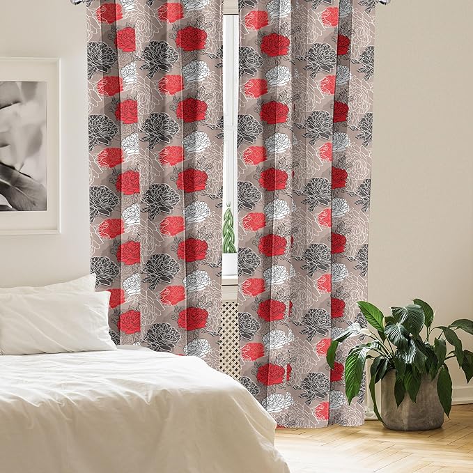 Ambesonne Floral Curtains, Blossoming Peonies Vintage Botanical Composition Abstract Petals and Buds, Window Treatments 2 Panel Set for Living Room Bedroom, Pair of - 28" x 84", Red Grey