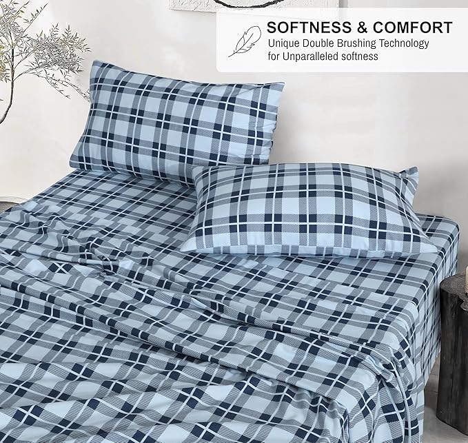 RUVANTI Flannel Sheets King Size - 100% Cotton Brushed King Size Sheets Set - Deep Pockets 16 Inches Bed Sheets - All Seasons Breathable & Extra Soft - Warm & Cozy, 4 Piece, Illusion Check