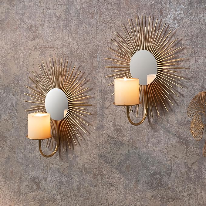 AIM & GGKK Wall Candle Sconce Holder,Set of 2 Mirror Wall Mounted Metal Candle Holder for Home,Living Room, Dining Room,Rustic Farmhouse Boho Decorations
