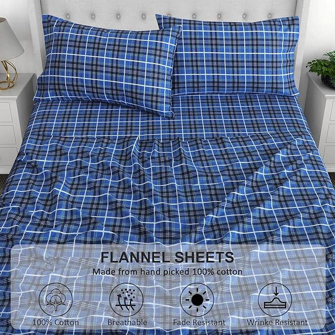 RUVANTI Flannel Sheets King Size - 100% Cotton Brushed King Size Sheets Set - Deep Pockets 16 Inches Bed Sheets - All Seasons Breathable & Extra Soft - Warm & Cozy, 4 Piece, Blue Plaid