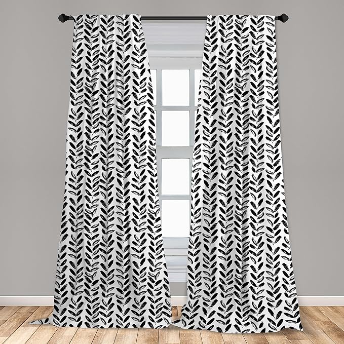 Ambesonne Black and White Window Curtains, Modern Grunge Botany Motif Monochrome Brush Paint Style Strokes, Lightweight Decor 2-Panel Set with Rod Pocket, Pair of - 28" x 95", White and Black