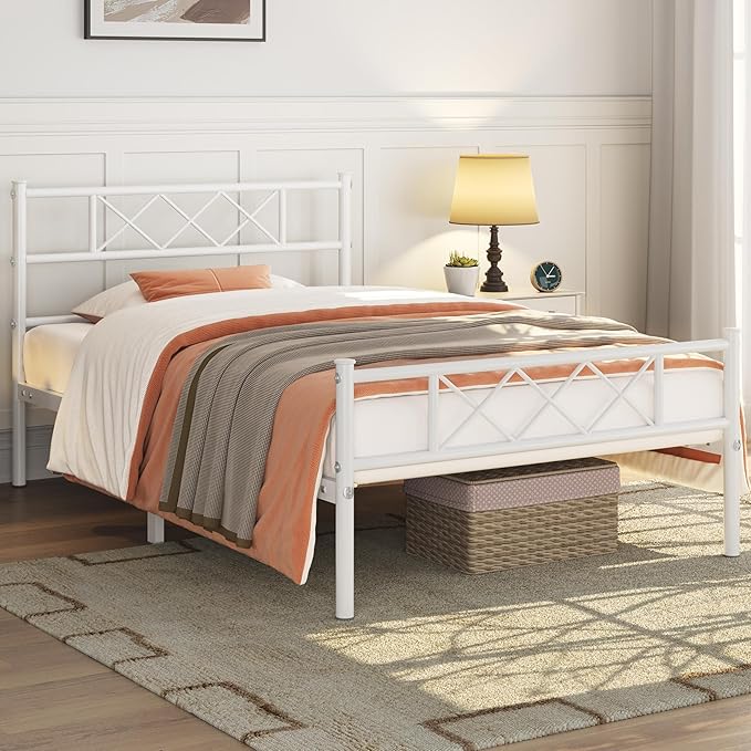 Yaheetech Twin Size Metal Platform Bed Frame with Simple Headboard and Footboard, Mattress Foundation for Under Bed Storage, Steel Slat Support, No Box Spring Needed, Easy Assembly, White