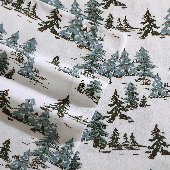 Eddie Bauer - Twin Sheets, Cotton Flannel Bedding Set, Brushed for Extra Softness, Cozy Home Decor, Oeko-Tex Certified (Snowy Pine Trees Green, Twin)