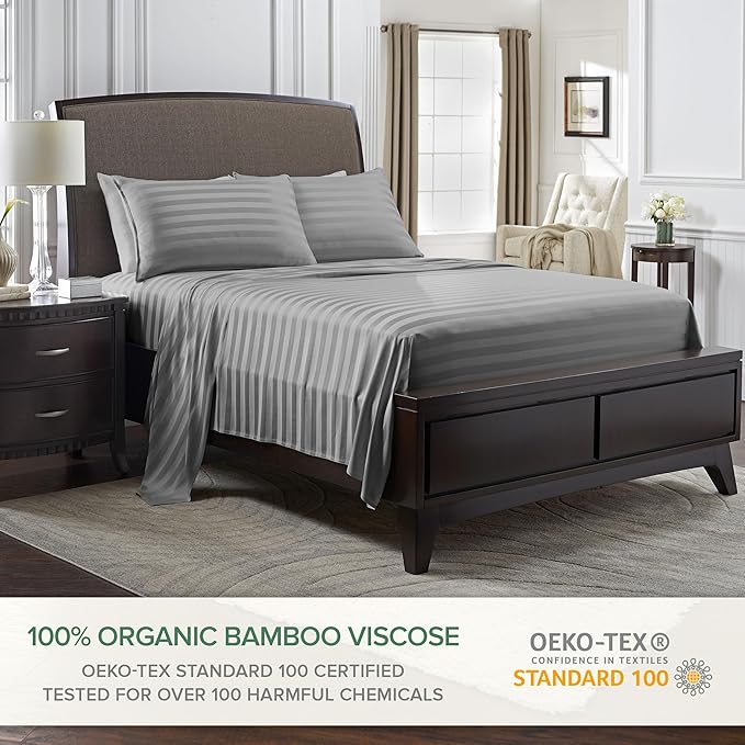 Full Sheets by Pure Bamboo, Genuine 100% Organic Viscose Derived from Bamboo Bed Sheet Set, Luxuriously Soft & Cooling, Double Stitching, Lifetime Quality Promise (Full, Jacquard Stone)