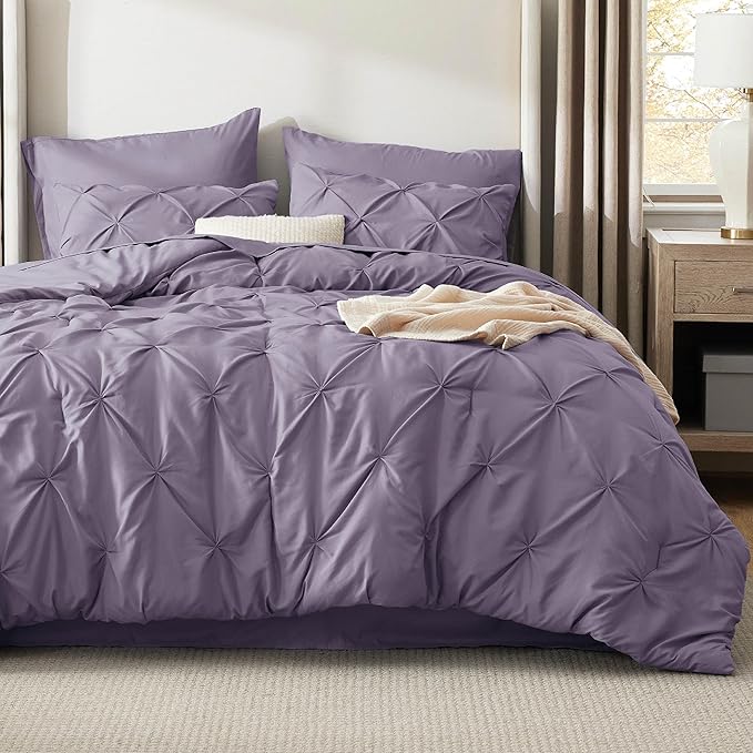 Bedsure Queen Comforter Set - Bed in a Bag Queen Size Bedding 7 Pieces, GentleSoft™ Pintuck Bed Set Gift for Family, Pinch Pleat Grayish Purple Comforter with Sheets, Pillowcases & Shams