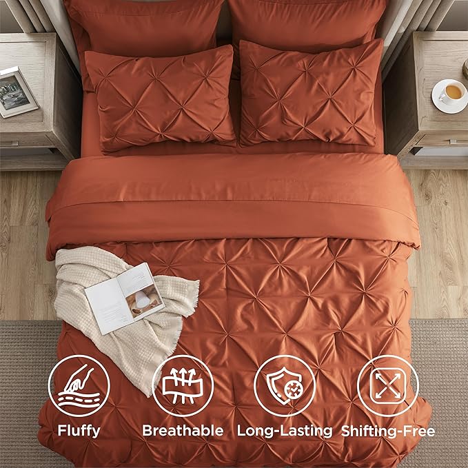 Bedsure Full Comforter Set Burnt Orange - Bed in a Bag Full Size Bedding Set 7 Pieces, GentleSoft™ Pintuck Bed Set Gift for Family, Pinch Pleat All Season Comforter with Sheets, Pillowcases & Shams