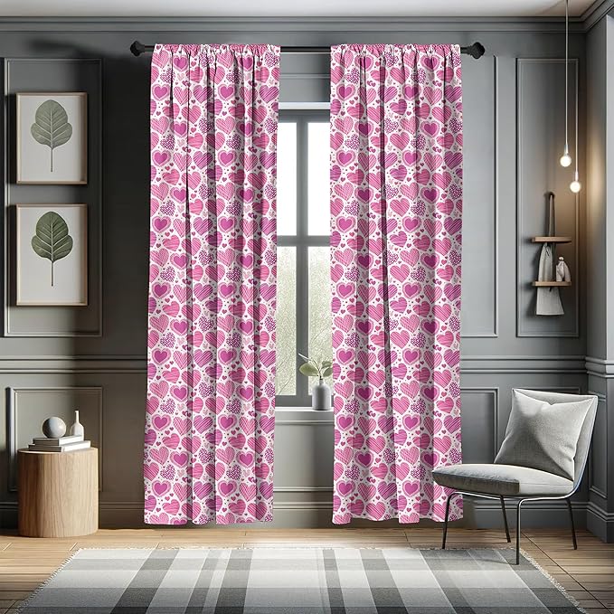 Ambesonne Valentines Window Curtains, Romantic Heart Shapes with Many Different Designs Polka Dots Crossed Lines, Lightweight Decorative Panels Set of 2 with Rod Pocket, 56" x 63", Pink White