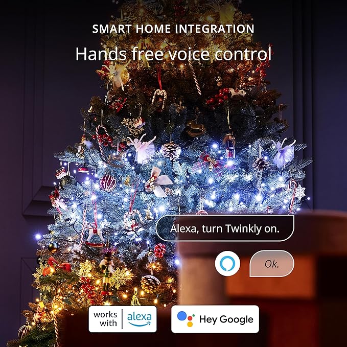 Twinkly Strings 250 White LED, LED Light String for Outdoor and Indoor, White Christmas Lights from Warm to Cool, Mappable LEDs, Compatible with Alexa, Google Home, IP44, App Control, Black Wire, 65ft