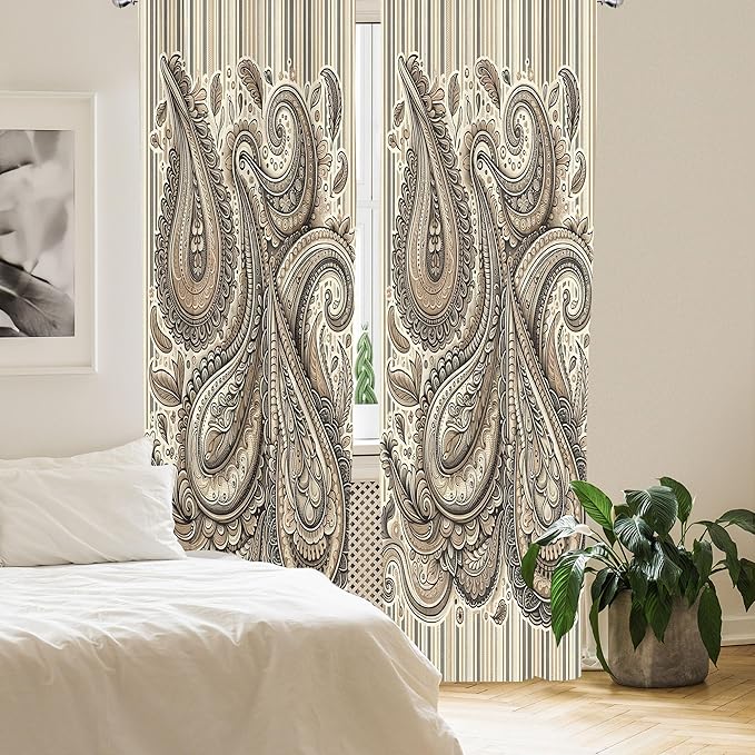 Ambesonne Paisley Curtains, Delicate Bohemian Leafy Motives on Stripes in Neutral Muted Colors, Window Treatments 2 Panel Set for Living Room Bedroom, Pair of - 28" x 95", Warm Taupe Ivory and Sepia
