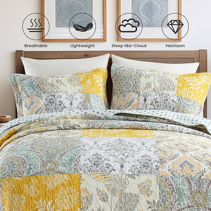 Secgo King Size Comforter Set- 100% Cotton Quilt King Size Set, Green, Sage bedspreads (96 * 108 Inch) with 2 Pillow Shams, Patchwork Reversible Lightweight Bedding