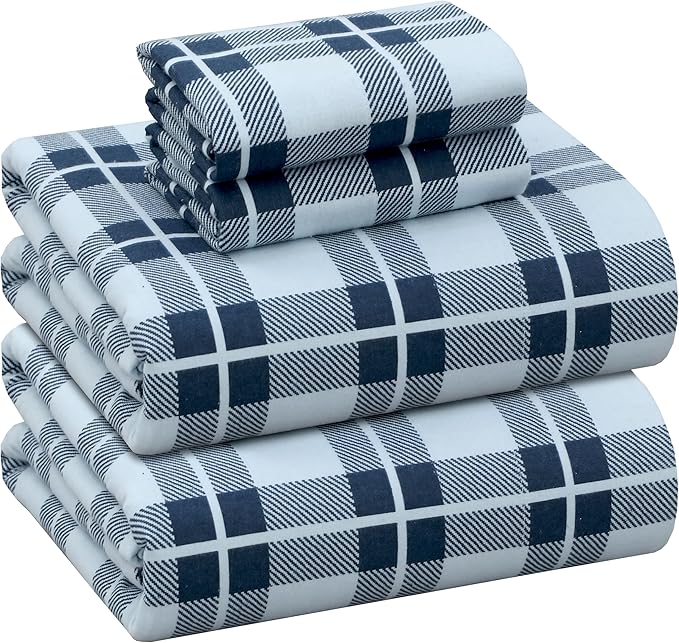 RUVANTI Flannel Sheets Full Size - 100% Cotton Double Brushed Bed Sheets Set, Deep Pockets 16 Inches, All Seasons Breathable & Extra Soft Full Sheets, Warm & Cozy, 4 Piece, Illusion Check