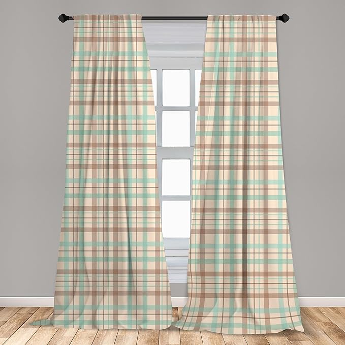 Ambesonne Plaid Curtains, Scottish Country Style Tartan with Abstract Design Diagonal Striped Lines, Window Treatments 2 Panel Set for Living Room Bedroom, Pair of - 28" x 95", Mint Green