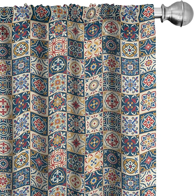 Ambesonne Moroccan Window Curtains, Portuguese Azulejo Checkered Squares Colorful Pattern Floral Arrangement, Lightweight Decor 2-Panel Set with Rod Pocket, Pair of - 28" x 63", Dark Blue Amber Red