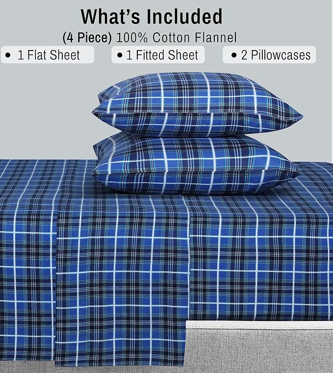 RUVANTI Flannel Sheets King Size - 100% Cotton Brushed King Size Sheets Set - Deep Pockets 16 Inches Bed Sheets - All Seasons Breathable & Extra Soft - Warm & Cozy, 4 Piece, Blue Plaid
