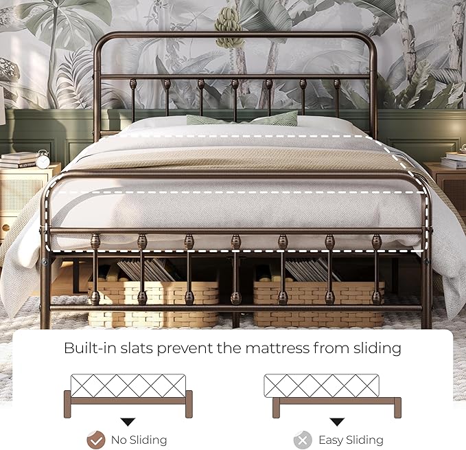 Yaheetech Classic Metal Platform Bed Frame Mattress Foundation with Victorian Style Iron-Art Headboard/Footboard/Under Bed Storage/No Box Spring Needed/Queen Size Bronze