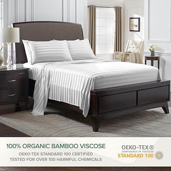 Split King Sheets by Pure Bamboo, Genuine 100% Organic Viscose Derived from Bamboo Bed Sheet Set, Soft & Cooling, Double Stitching *Not for Split Top (Split King, Jacquard White)