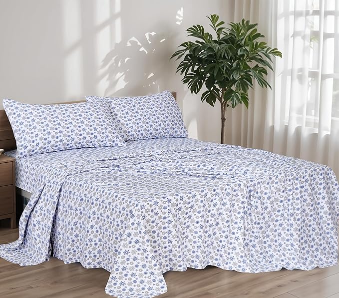 RUVANTI Flannel Sheets Queen Size - 100% Cotton Double Brushed Bed Sheets, Deep Pockets 16 Inches Queen Sheet Set, All Seasons Breathable & Extra Soft - Warm & Cozy, 4 Piece, Snow Flake Grey