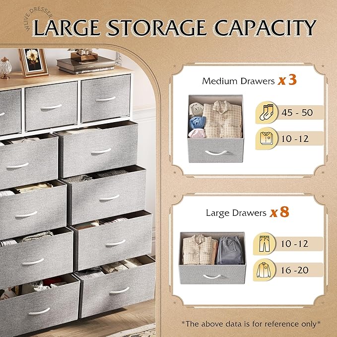 WLIVE Storage Organizer Unit with 11 Fabric Bins, Storage Drawers Organizer with Steel Frame, Tall Storage Tower Organizaton for Living Room, Hallway, Office, Light Grey