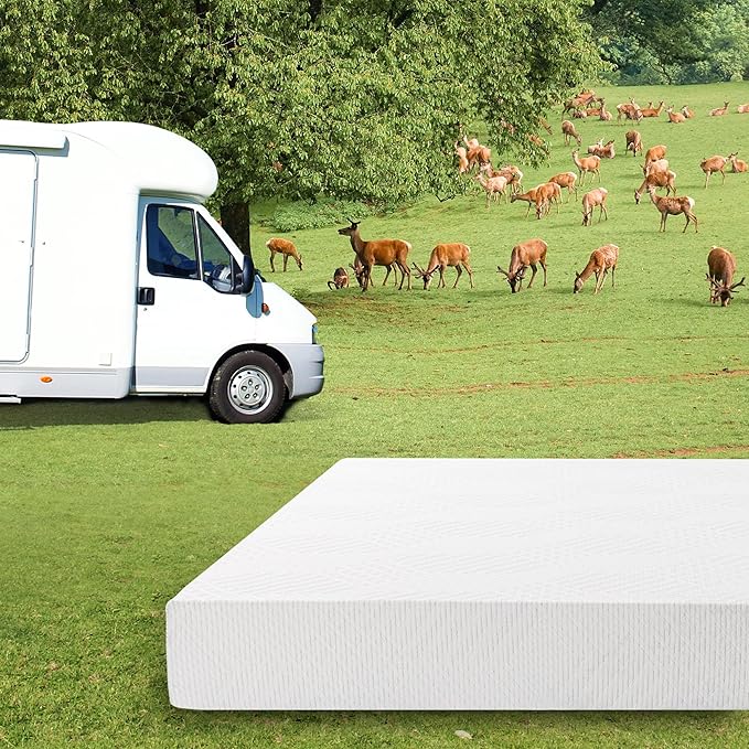 EGO White 8 Inch Short Queen Memory Foam RV Mattress, Cooling Gel Green Tea Mattress for RVs, Campers & Trailers, Bed in a Box, CertiPUR-US Certified, 60"×75", Medium Firm
