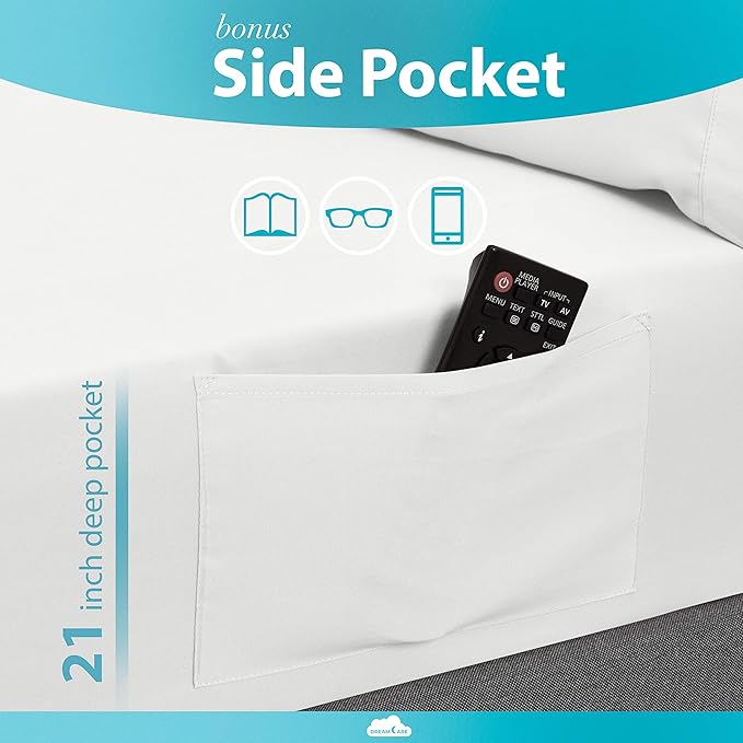 DREAMCARE Full Size Bed Sheet Set - Cooling, Extra Deep Pocket, 6pcs Set - Soft & Long Lasting 100% Fine Brushed Polyester - White, Includes Side Pocket