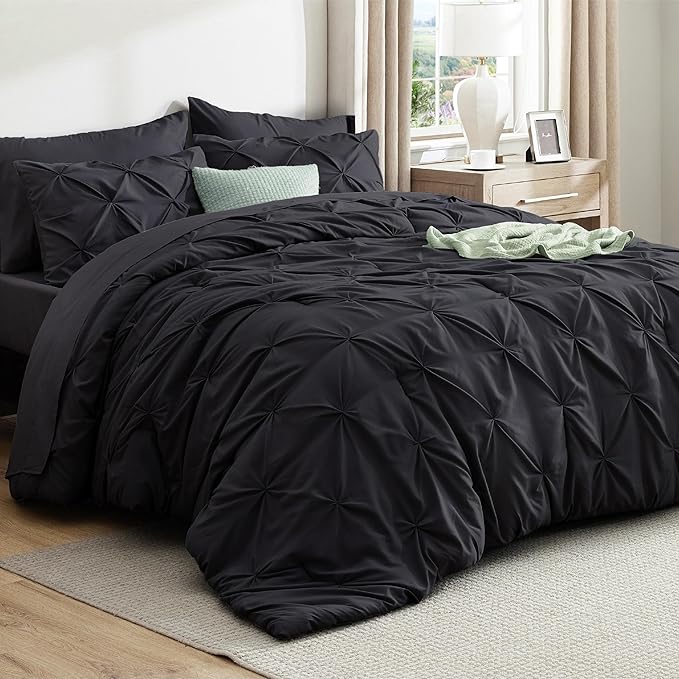 Bedsure King Size Comforter Set Black - Bed in a Bag Bedding Set 7 Pieces, GentleSoft™ Pintuck Bed Set Gift for Family, Pinch Pleat Black Comforter with Sheets, Pillowcases & Shams