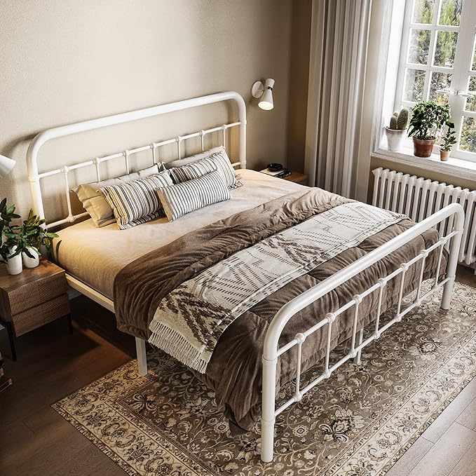 Allewie Full Size Metal Platform Bed Frame with Victorian Style Wrought Iron-Art Headboard/Footboard, No Box Spring Required，White