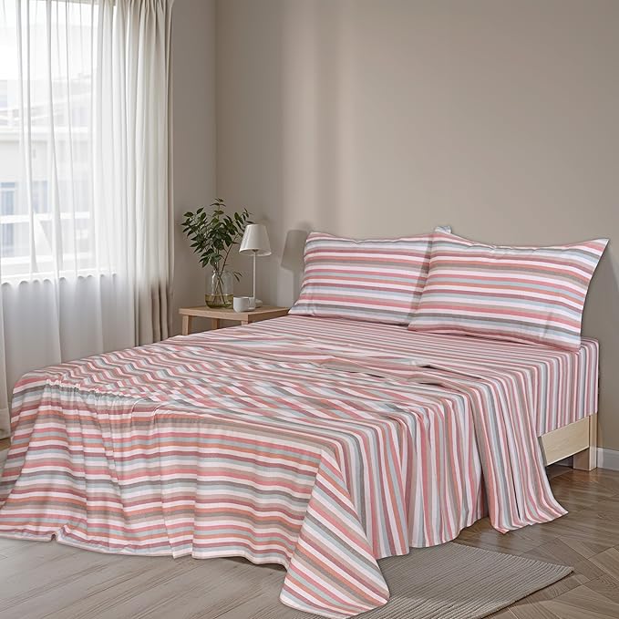 RUVANTI Flannel Sheets Queen Size - 100% Cotton Double Brushed Bed Sheets, Deep Pockets 16 Inches Queen Sheet Set, All Seasons Breathable & Extra Soft - Warm & Cozy, 4 Piece, Multi Chevron Stripe