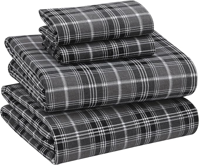 RUVANTI Flannel Sheets Queen Size - 100% Cotton Double Brushed Bed Sheets, Deep Pockets 16 Inches Queen Sheet Set, All Seasons Breathable & Extra Soft - Warm & Cozy, 4 Piece, Grey Plaid