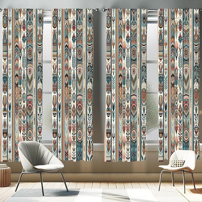 Ambesonne Ethnic Window Curtains Pack of 2, Folkloric Style Floral Ornaments with Bohemian Oriental Motifs as Stripes, Lightweight Set with Rod Pocket, 4 Panels of - 28" x 95", Teal Coral and Orange