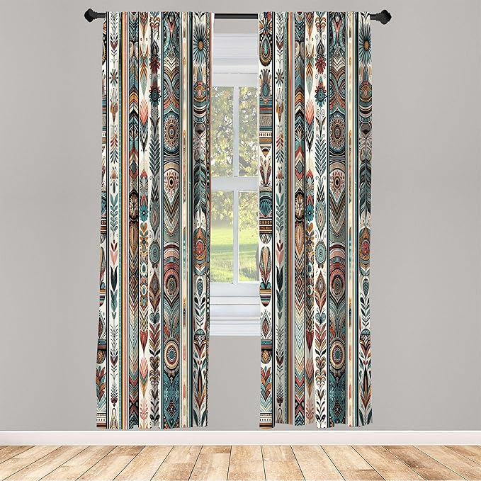 Ambesonne Ethnic Curtains, Folkloric Style Floral Ornaments with Bohemian Oriental Motifs as Stripes, Window Treatments 2 Panel Set for Living Room Bedroom, Pair of - 28" x 95", Teal Coral and Orange