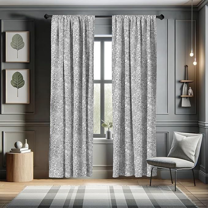 Ambesonne Black and White Window Curtains, Paisley Design with Sketch Style Flowers Leaves on Monochrome Background, Decor 2-Panel Set with Rod Pocket, Pair of - 28" x 95", White and Charcoal