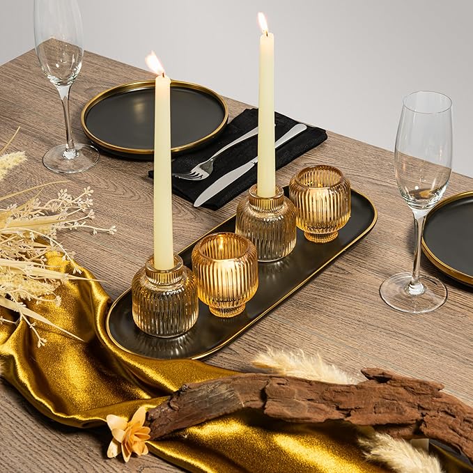 Set of 4 Gold Glass Candlesticks – Candle Sticks Holder Decor for Home or Events – Elegant Taper Candle Holders