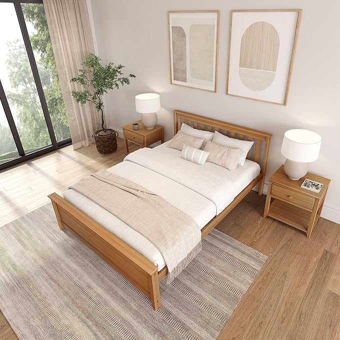 Plank+Beam Solid Wood Queen Bed Frame, Platform Bed with Headboard, Pecan