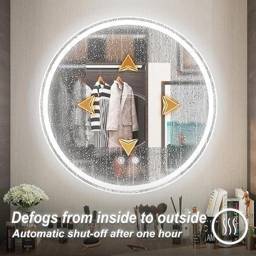 28 Inch Round LED Bathroom Mirror, Front & Backlit Lighted Bathroom Mirror Wall Mounted, 6000K Daylight, Dimmable, Anti-Fog, CRI 90+